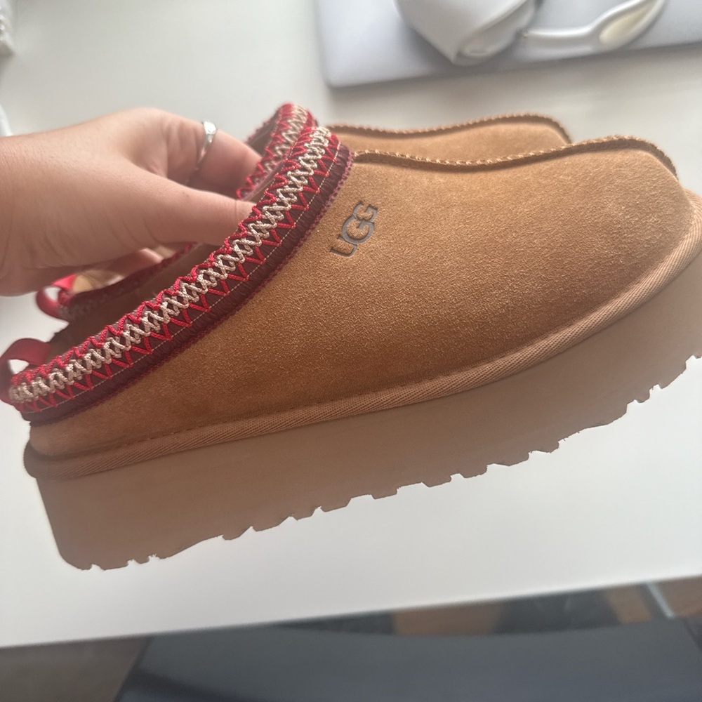 UGG Women's Brown Suede Platform Mules with Red Trim